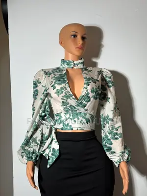 Elegant Floral Wrap Crop Blouse With Choker Neck