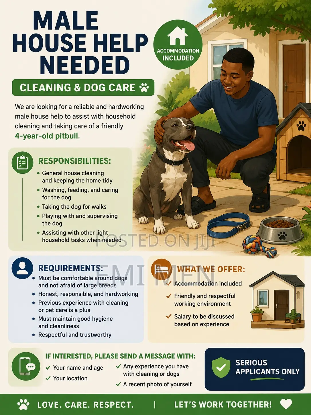 Male House Help Needed (Accommodation Included)