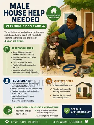 Male House Help Needed (Accommodation Included)