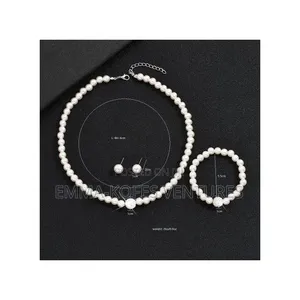 Ladies Artificial Pearl Necklace Bracelet Ear Stud Jewelry Set 3 in 1