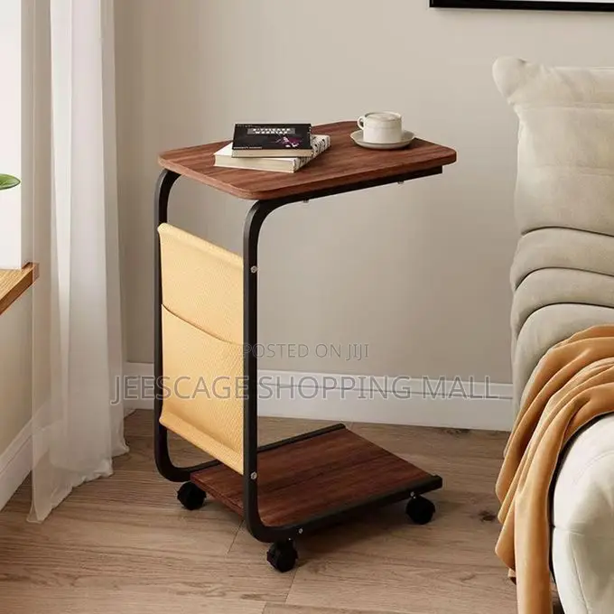 C-Shape Mobile Side Table With Storage Pocket