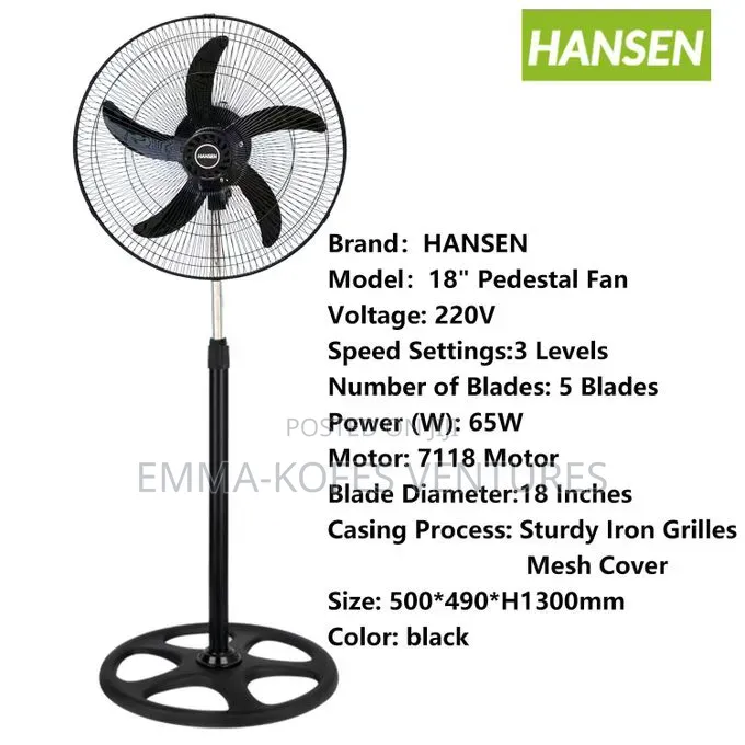 Hansen 18 Inch 3-Speed Low Noise Standing Fan - Black