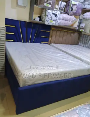 Blue Color Queen Size Bed With Gold Design and Mattress