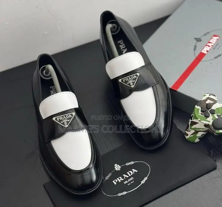 Prada Black and White Patent Leather Loafers
