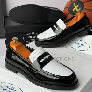 Prada Black and White Patent Leather Loafers