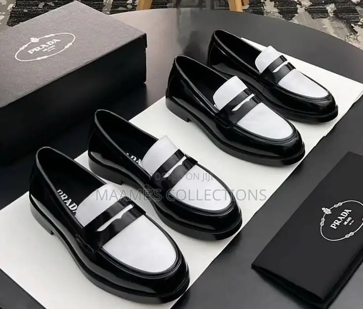 Prada Black and White Patent Leather Loafers