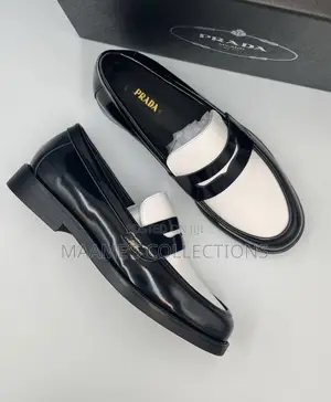 Prada Black and White Patent Leather Loafers