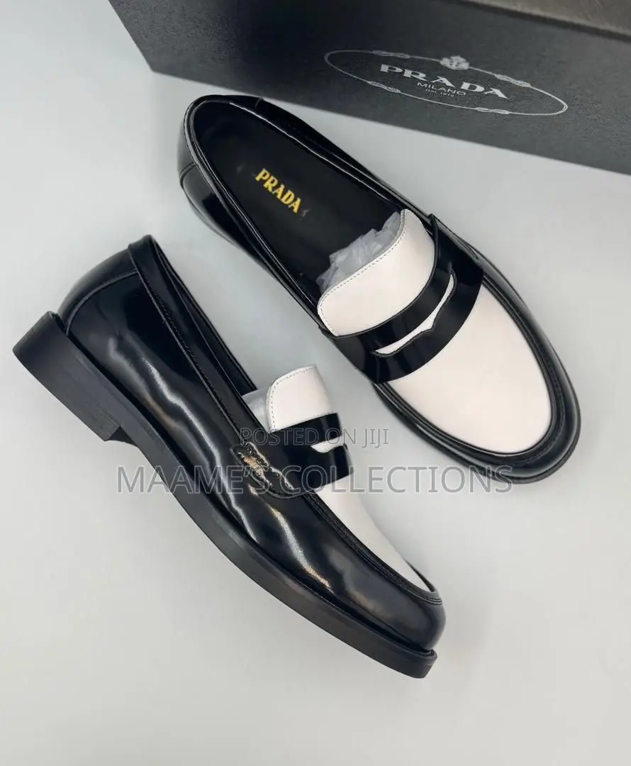 Prada Black and White Patent Leather Loafers