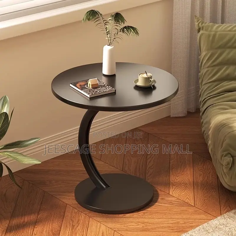 Modern Matte Black Round Side Table With Curved Base
