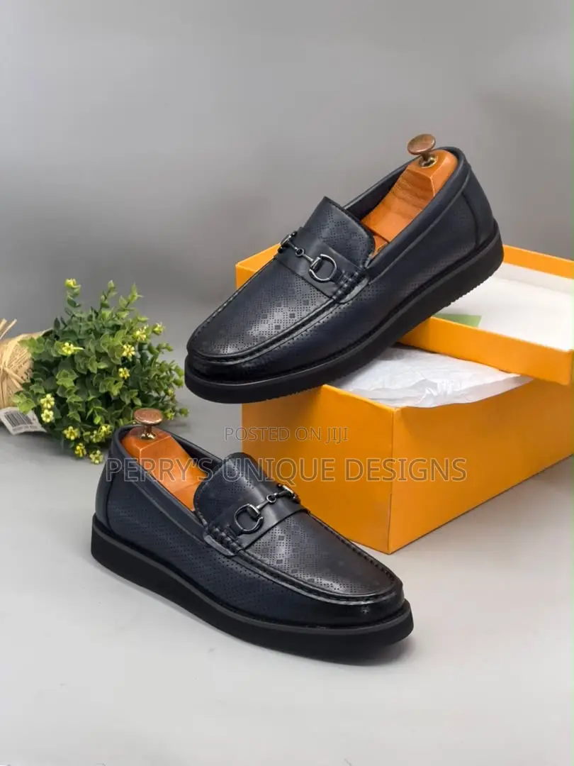 Premium Perforated Leather Platform Loafers - Navy Blue