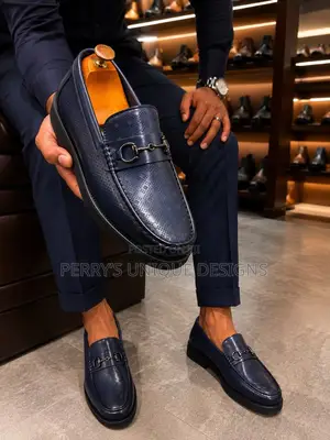 Premium Perforated Leather Platform Loafers - Navy Blue