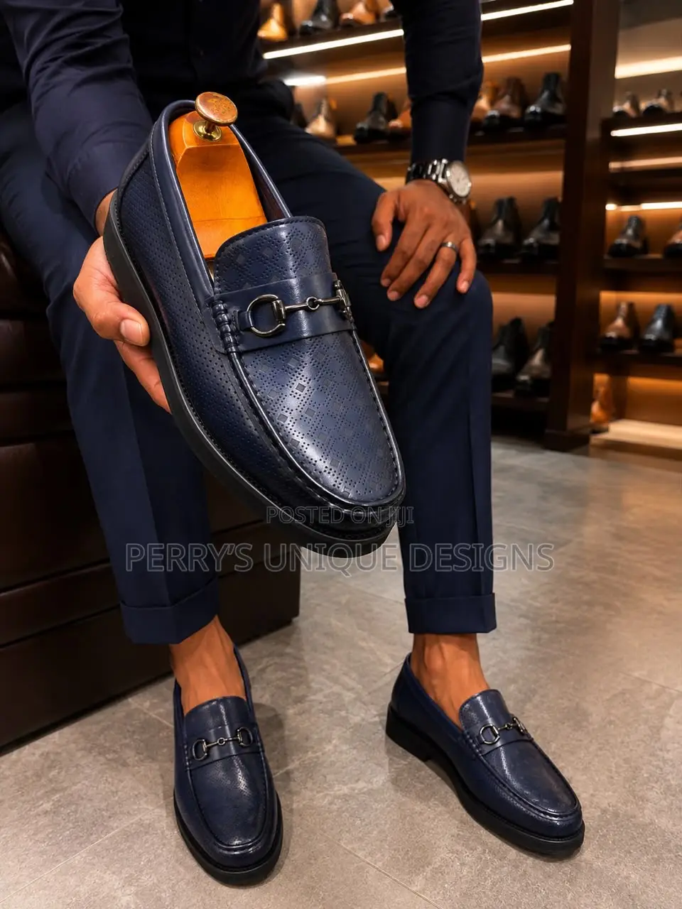 Premium Perforated Leather Platform Loafers - Navy Blue