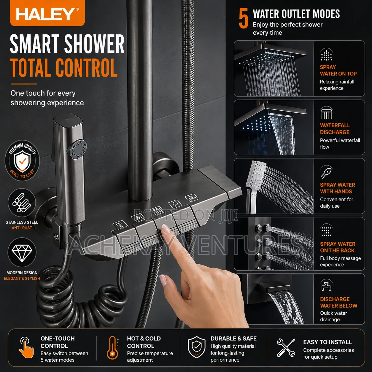 Luxury Thermostatic Rain Shower Set – Matte Black
