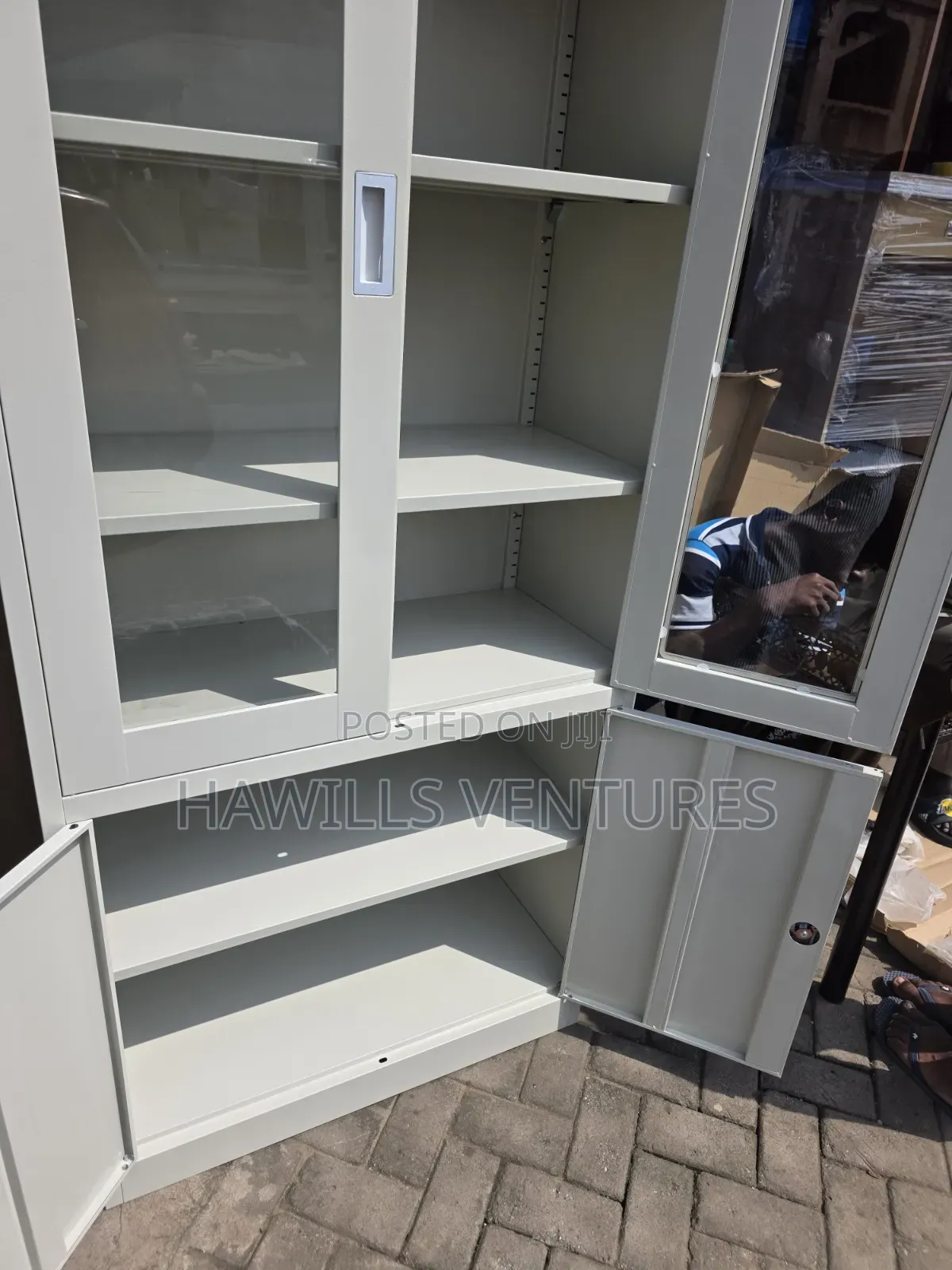 Metal Filing Cabinet, Top Glass Doors and Lock Bottom Compartment.