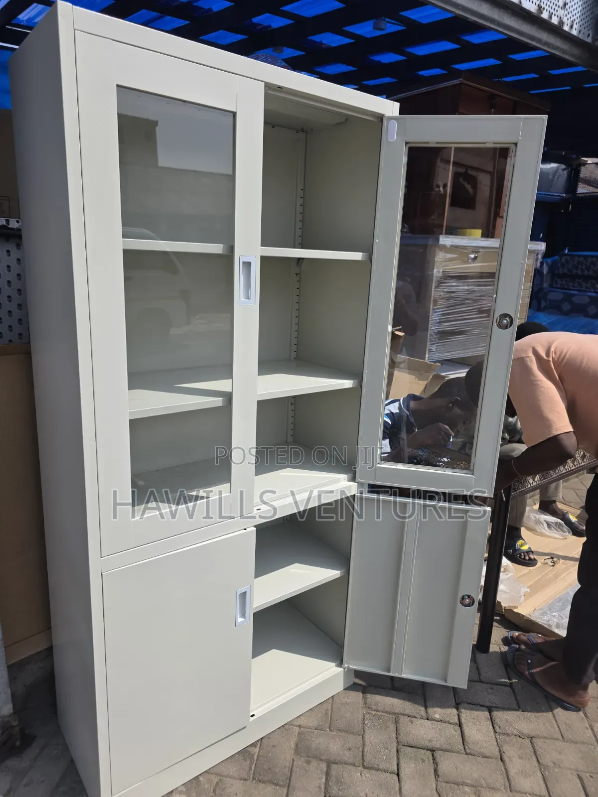Metal Filing Cabinet, Top Glass Doors and Lock Bottom Compartment.