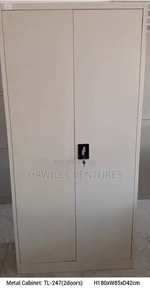 Double -Door Metal Cabinet Featuring a Central Lock Mechanism.