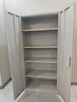 Double -Door Metal Cabinet Featuring a Central Lock Mechanism.