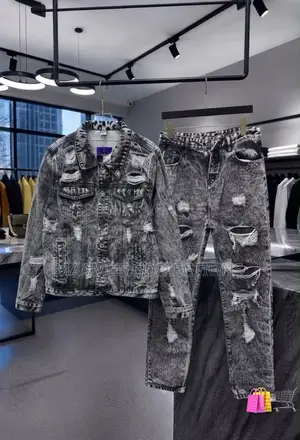 Men’S Vintage Denim Jeans Jacket Top and Down Set