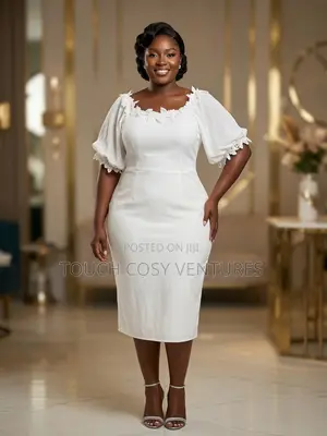 Elegant White Puff Sleeve Lace Midi Dress( Xl/ Uk Size 14)