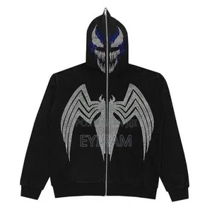 Premium Venom Rhinestone Bling Zip-Up Hoodie - Black Marvel Streetwear