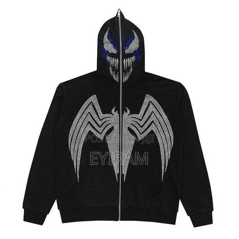 Premium Venom Rhinestone Bling Zip-Up Hoodie - Black Marvel Streetwear