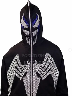 Premium Venom Rhinestone Bling Zip-Up Hoodie - Black Marvel Streetwear