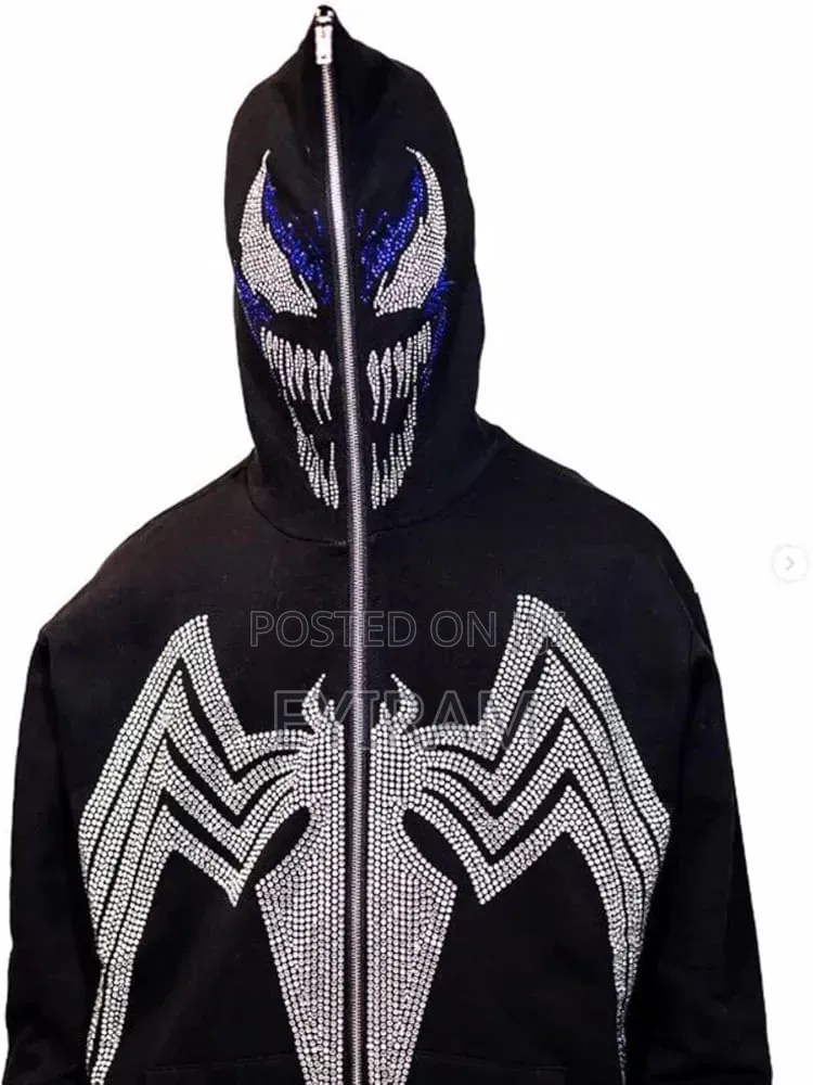 Premium Venom Rhinestone Bling Zip-Up Hoodie - Black Marvel Streetwear