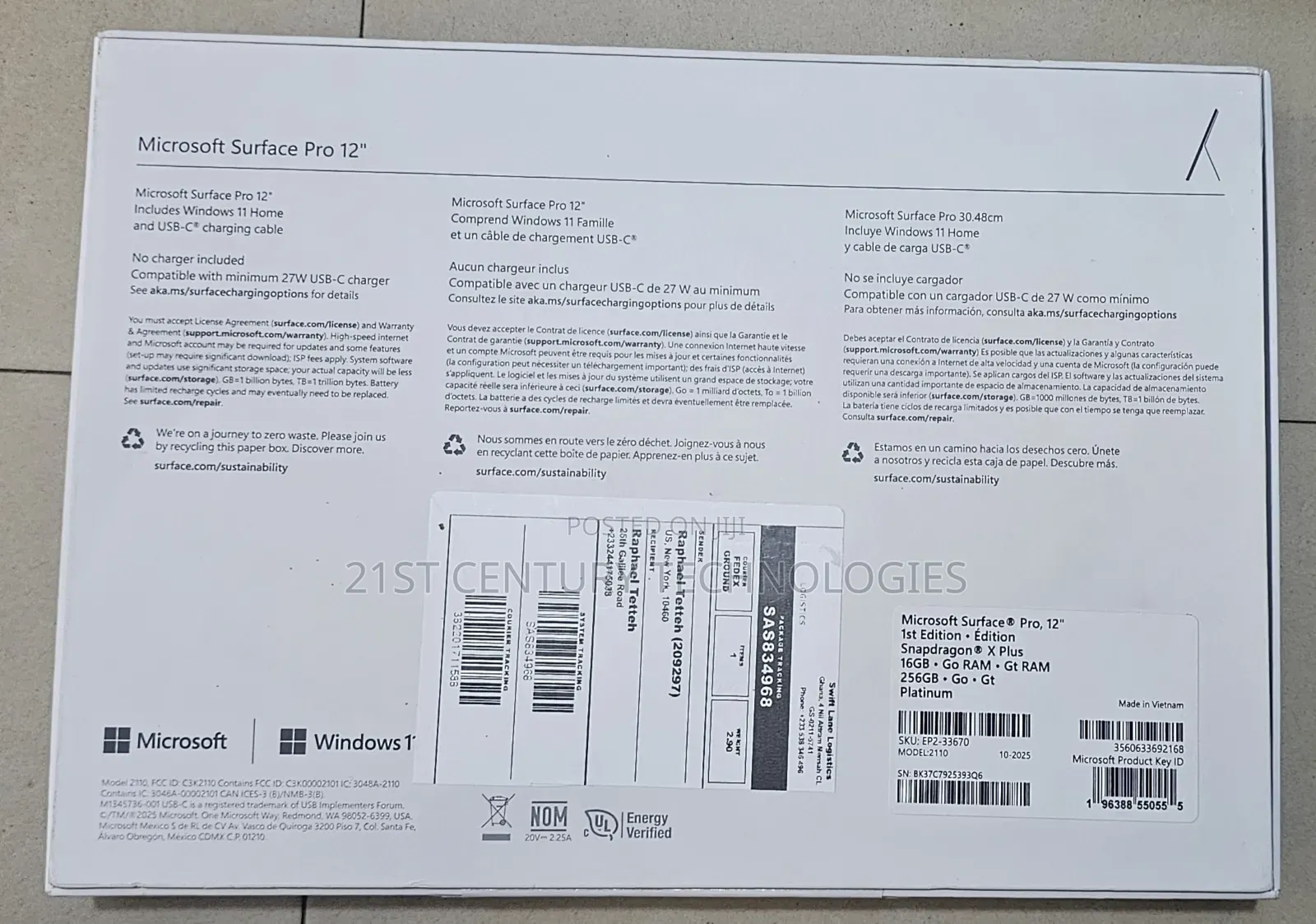 New Laptop Microsoft Surface Pro Copilot+ PC 12 16GB SSD 256GB