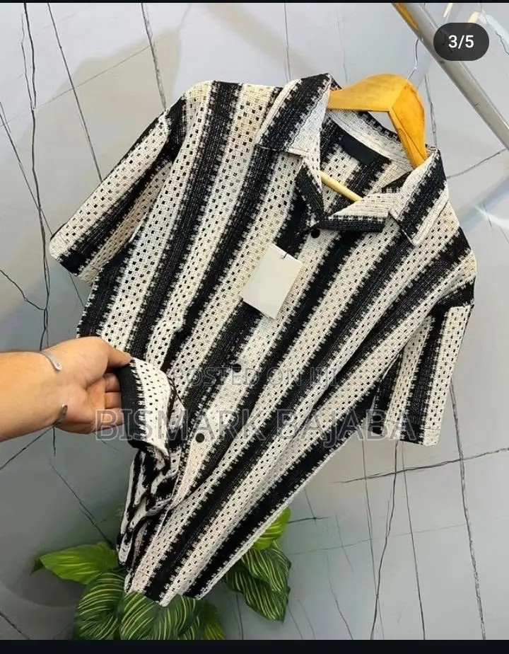 Men’s Premium Black White Striped Short Sleeve Button-Up Shirt