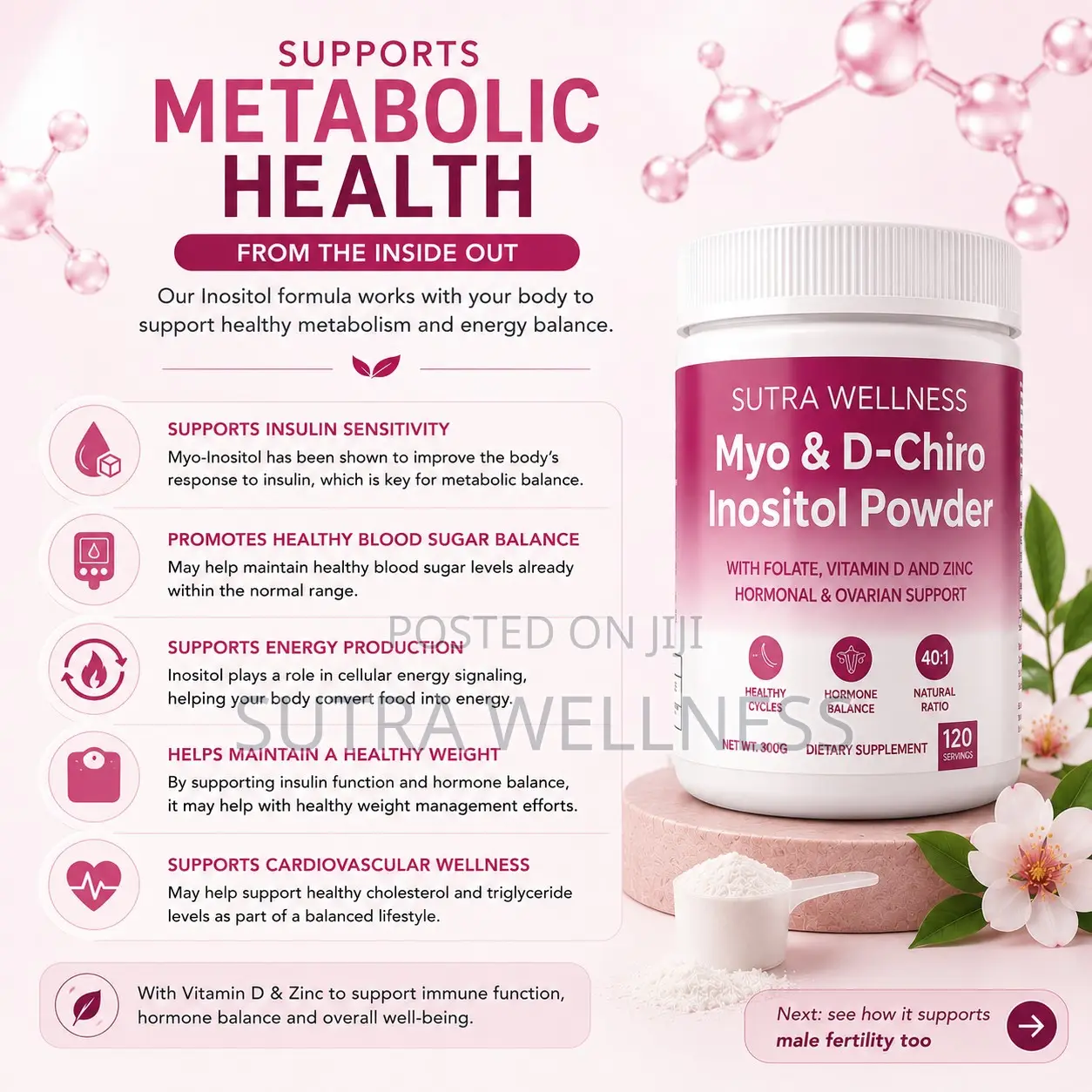 Myo D-Chiro Inositol Powder With Zinc,Folate and Vitamin D(120 Serv)