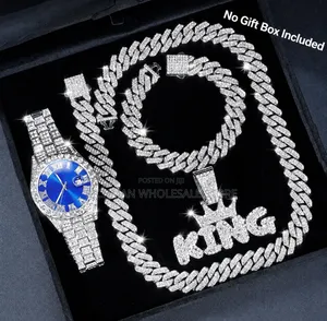 4PCS Luxury Quartz Watch KING Pendant Jewelry Set for Men