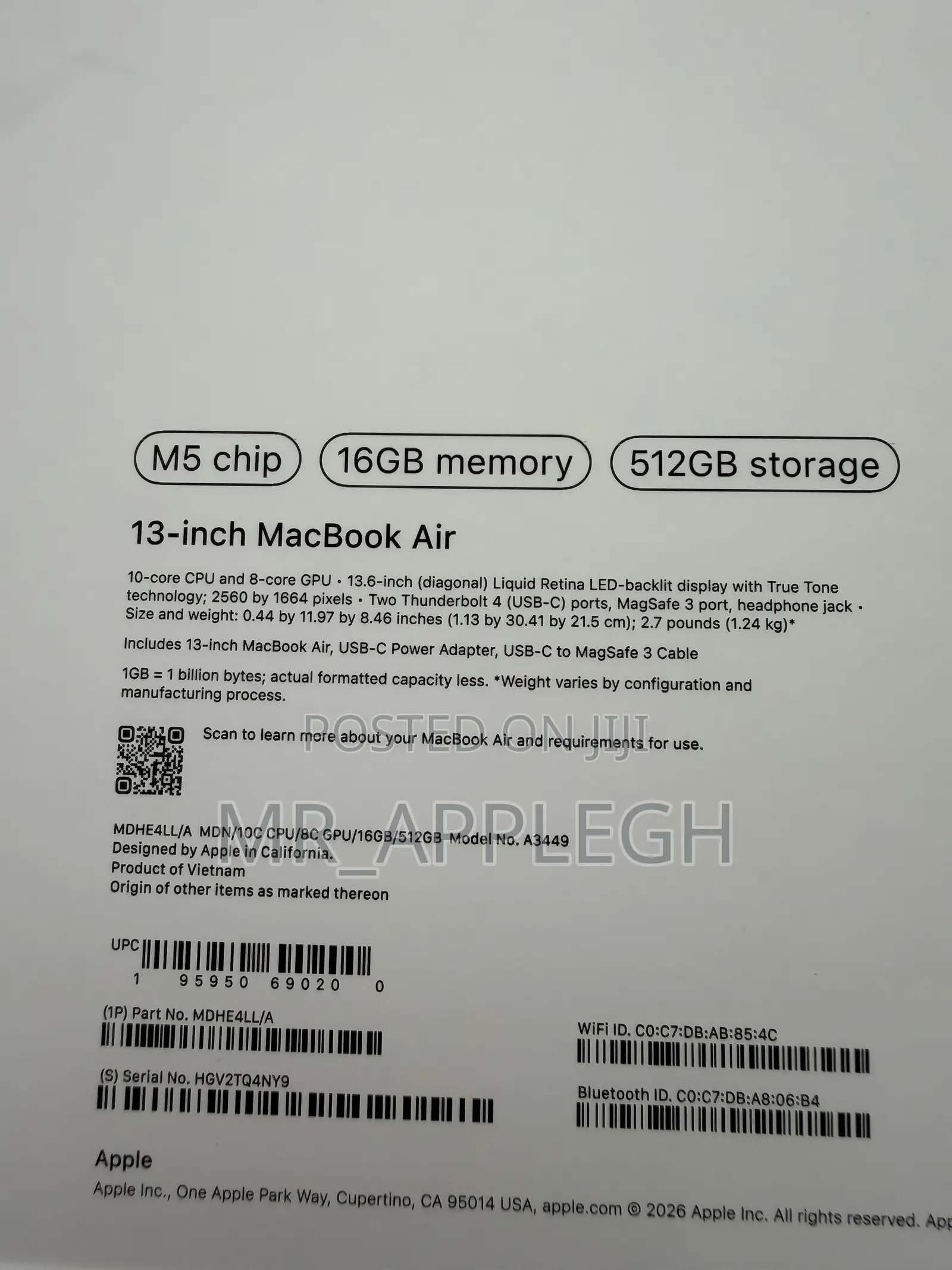 New Laptop Apple MacBook Air 2026 M5 16GB Apple M5 SSD 512GB