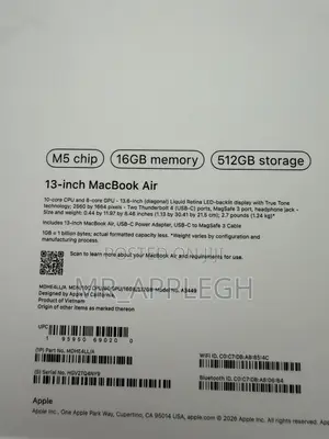 New Laptop Apple MacBook Air 2026 M5 16GB Apple M5 SSD 512GB