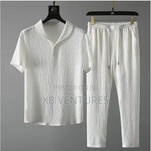 Men's T-Shirts Short-Sleeve and Pants Set – Comfortable Textured Fab