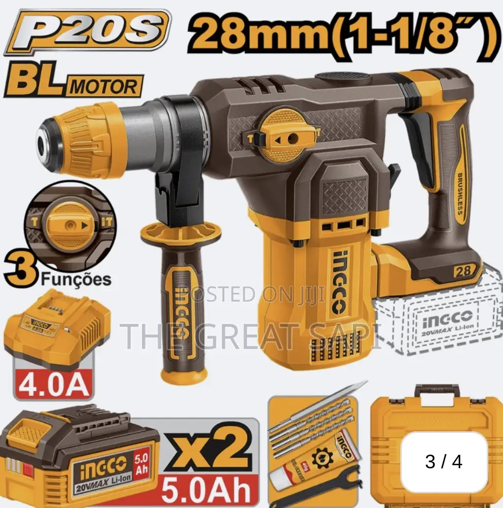 Ingco 20V Lithium-Ion Cordless Rotary Hammer With 5.0Ah X2 Batteries