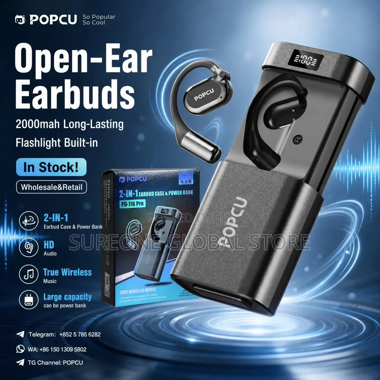 POPCU Open-Ear Wireless Bluetooth Earbuds With 2000mAh Power Bank