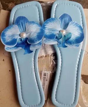Ladies Light Blue Orchid Flower Flat Slippers Size (38-42)-New