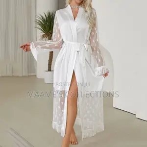 Luxury White Satin Bridal Robe With Heart Mesh Sleeves Tassel Hem