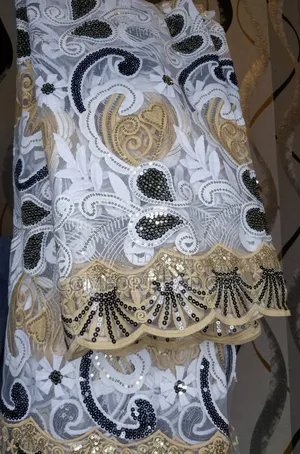 White Lace With Black and Gold Designs With Sequin