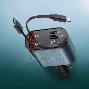 1 Car Charger With 2 Retractable Cable (Type C iPhone)
