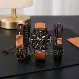Men's Brown Stainless Steel Quartz Watch PU Bracelet Set-097471