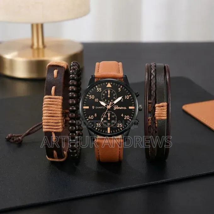 Men's Brown Stainless Steel Quartz Watch PU Bracelet Set-097471