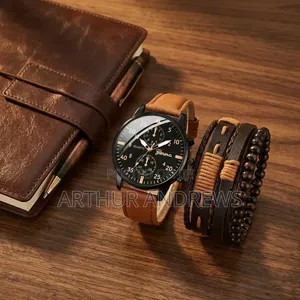 Men's Brown Stainless Steel Quartz Watch PU Bracelet Set-097471