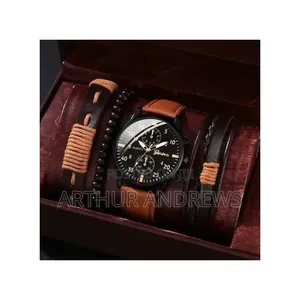 Men's Brown Stainless Steel Quartz Watch PU Bracelet Set-097471