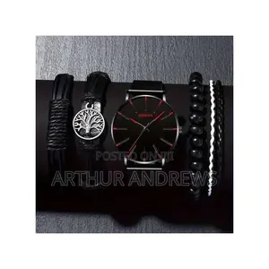 Men's Black 5-in-1 Stainless Steel Watch Bracelet Set