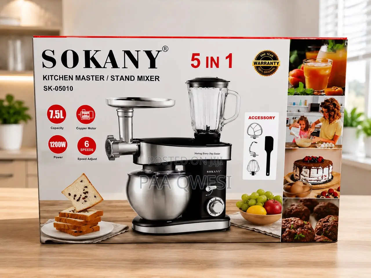SOKANY 5-in-1 Kitchen Master Stand Mixer 7.5L 1200W SK-05010