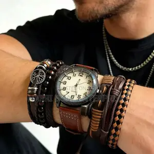 Luxury Men Watch Set Brown Leather Quartz.