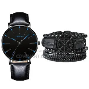Men's Black Quartz Watch With Leather Strap Bracelet