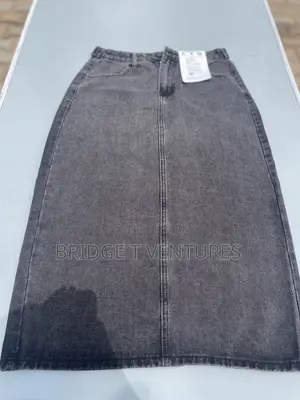 Dark Grey Acid-Wash Denim Midi Skirt With Back Slit