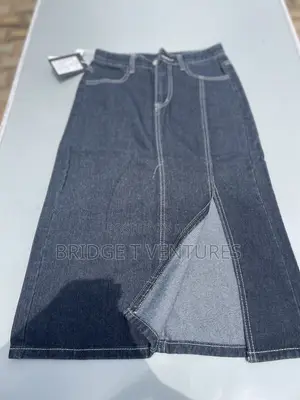 High-Waist Dark Denim Midi Skirt With Front Slit